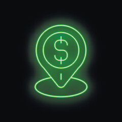 Obraz premium Green neon dollar sign location pin glowing on a black background