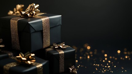 Elegant black gift boxes with golden ribbons sit on a dark surface ready for a Black Friday sale and Christmas celebrations