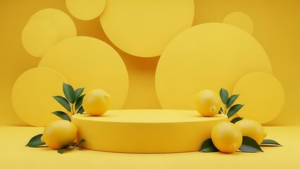 Yellow Product Display Podium with Lemons and Green Leaves Mockup