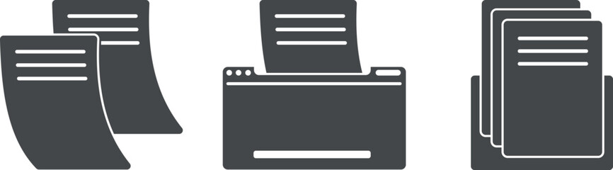 Office papers and printers, a box with valuable documents, sheets of paper, assets and finances, an accounting report, vector web icons, printing text on A4 paper