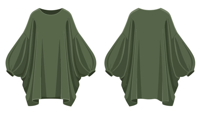 Stylish loose-fitting olive green tunic with voluminous sleeves offering a relaxed comfortable silhouette perfect for casual wear. Front and back