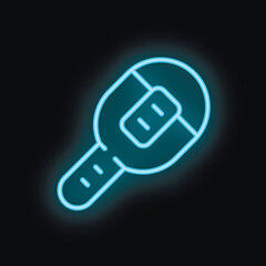 Blue glowing neon sign of a smart watch with a blank screen, isolated on a black background