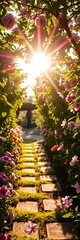 Sunlit garden path adorned with blooming flowers and fresh green leaves,  seasons, spring