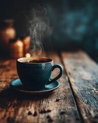 Fototapeta premium A cozy cup of black tea in a porcelain cup with steam rising on a rustic wooden table surface