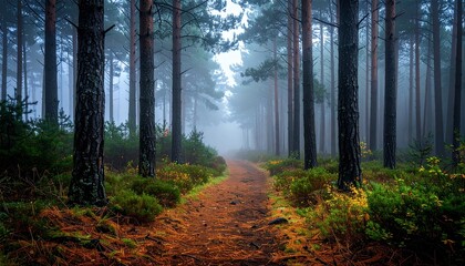 A mysterious path winds through a dense and foggy pine forest.