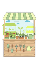 Obraz premium A Delightful Illustration of a Garden Stall Displaying Fresh Plants and Gardening Tools