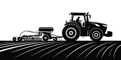 Silhouette of tractor with seeder planting seeds in cultivated farm field countryside landscape vector drawing for agriculture farming business rural development sustainable growth food production con