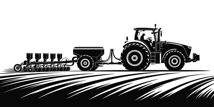 Modern black and white tractor pulling seeder planter machine in farm field agriculture equipment for planting crops precision farming technology vector illustration for agricultural machinery and rur