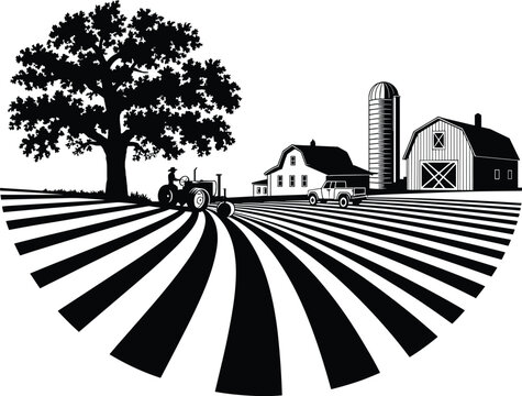 Black and white illustration of vintage farm with tractor plowing field crop countryside landscape including barn house silo and large tree rural agriculture farming concept for country lifestyle desi