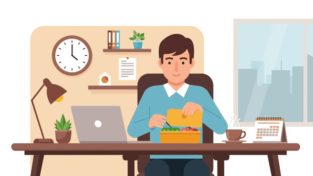 A Person Enjoying Lunch At His Desk During A Break Time Inside The Office Environment