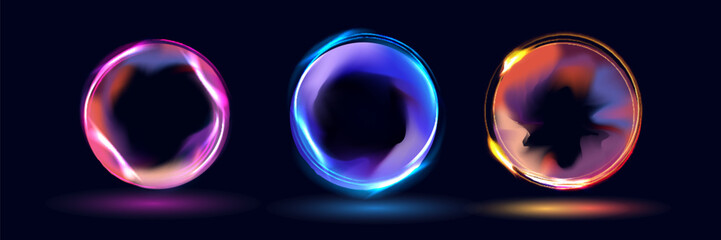 Set of glowing neon color circles round curve shape with wavy dynamic lines isolated on black background technology concept. Circular light frame border.