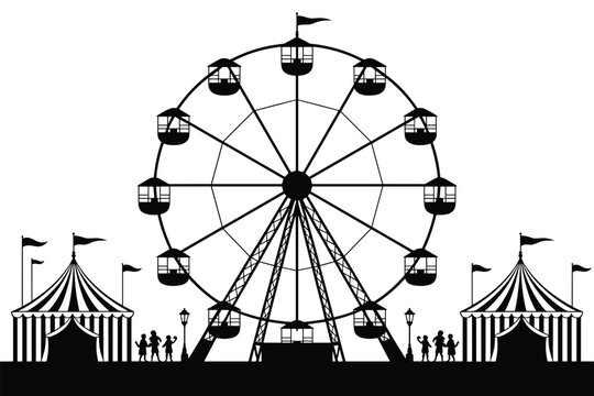 Black and white silhouette of a ferris wheel and circus tents with children in an amusement park for family fun and recreation a vintage carnival festival fairground event illustration for entertainme