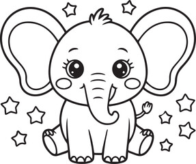 Obraz premium A cute black and white illustration of a baby elephant with big ears and eyes surrounded by stars