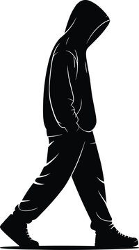 Silhouette of hooded figure walking alone in darkness mystery concept vector illustration for anonymous character representation urban crime prevention or security awareness campaign with modern minim