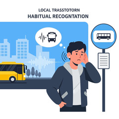 Man at bus stop experiences loud city noise and bus sounds