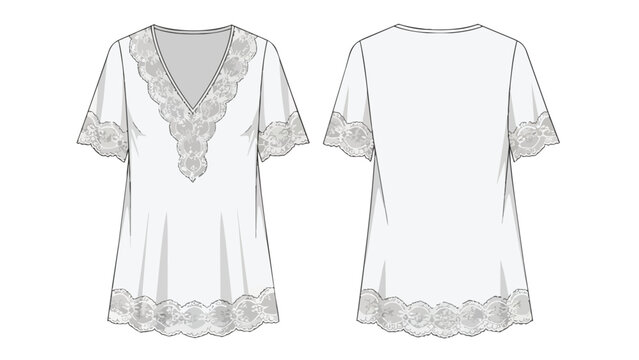 Technical flat sketch of a women's lace-trimmed V-neck short-sleeve blouse fashion design for clothing production and textile development a detailed