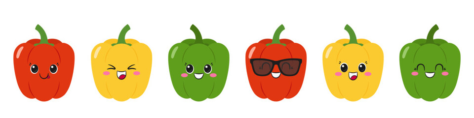 Bell pepper set, cute and fun vegetables, sweet pepper cartoon character, big eyes, emotions joy delight, happy smiling face, kawaii style, vector children's illustration.