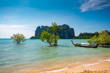 Obraz premium Krabi, Thailand. Railay Beach and long tail boats
