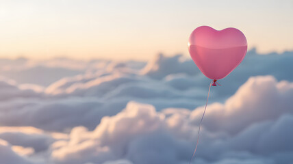 Fototapeta premium A single pink heartshaped balloon floating high above the clouds at sunrise or sunset