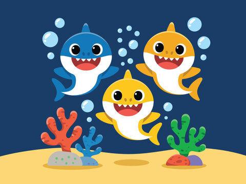 Cartoon baby sharks swimming in ocean illustration cute blue yellow orange shark characters with bubbles and coral reefs playful undersea marine life vector design for children's educational resources