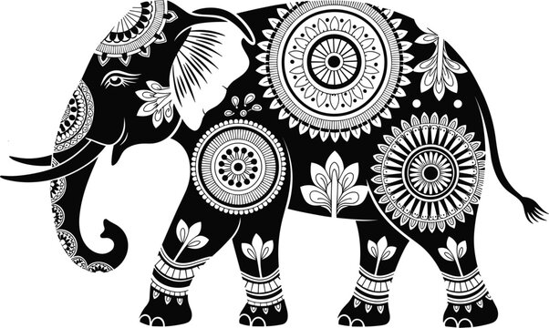 Detailed black and white elephant illustration with intricate mandala patterns for decorative wall art spiritual design projects traditional art prints cultural textile designs elegant invitations sta