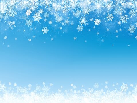青空に雪の結晶が舞い広がる冬の季節感あふれる幻想的な背景デザイン画像