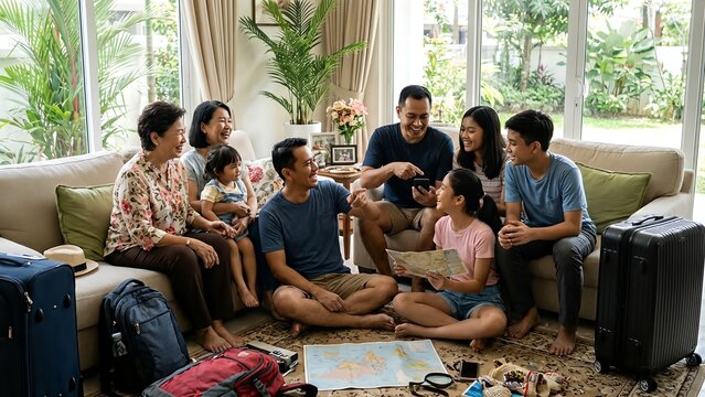 Multi-generation family talking together at home