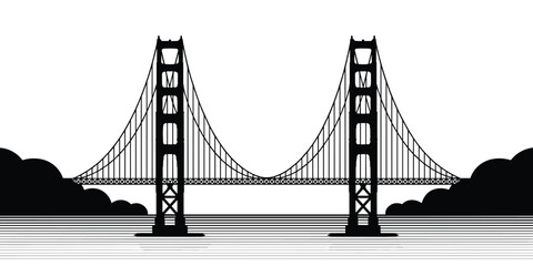 Fototapeta premium Iconic Golden Gate Bridge silhouette landmark over calm water vector graphic illustration travel destination tourism cityscape design for San Francisco California tourism marketing materials and engin