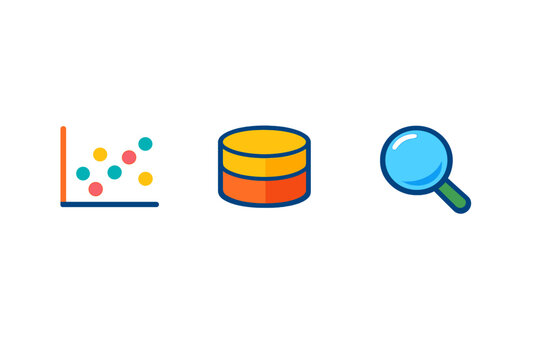 Data analysis icons: scatter plot, database, and magnifying glass