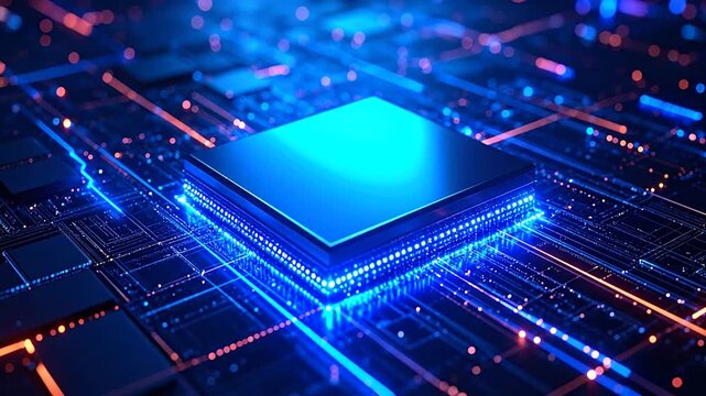 A vibrant, close-up image of a digital central processing unit surrounded by glowing blue and orange lines