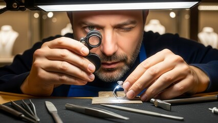 Jeweler Examining Watch with Magnifying Glass.