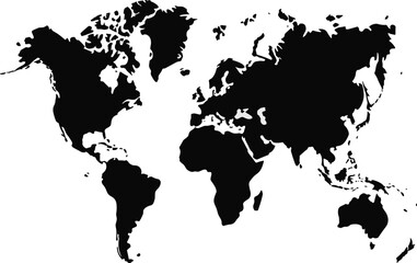 Detailed black and white world map illustration showing continents oceans countries simplified earth geography for global business international travel tourism education environment climate change pre