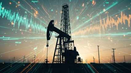 Oil pump silhouette against sunset, overlaid with data visualization