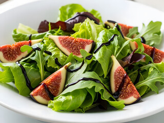 A healthy plate of mixed greens topped with fresh fig wedges and balsamic glaze.