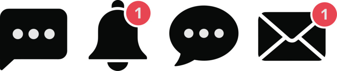 Fototapeta premium Black Notification Icons with Red Alert Number Badges Representing Unread Messages New Updates Inbox Communication Social Media Engagement Minimalist Graphic Design for Mobile App UI UX Design Modern