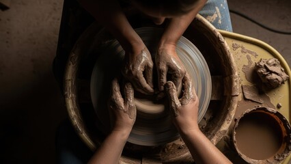 Potter's hands shaping clay on a wheel, overhead view