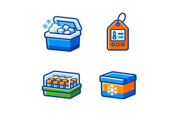Set of four colorful icons related to cold storage and temperature monitoring.