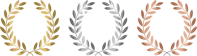 Obraz premium Set of gold silver bronze laurel wreaths award achievement honoring different competition ranking positions vector illustration for sports events business presentations marketing materials and graphic