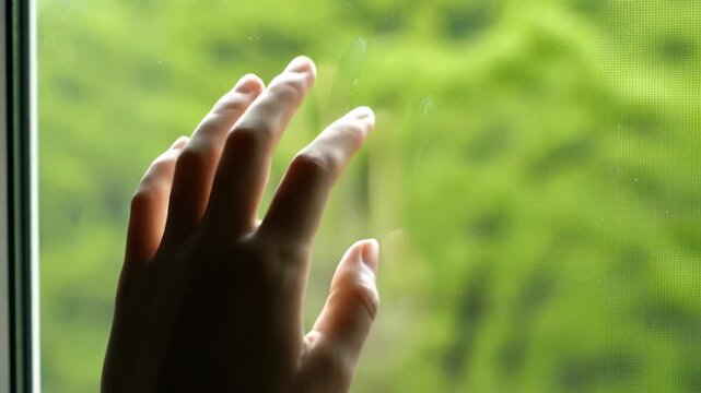 Person touches window glass, exploring nature outside. Hand gestures evoke sense of longing and connection with greenery. Peaceful atmosphere inspires reflection on life.