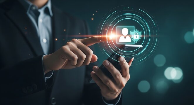 Businessman interacting with digital identity interface