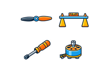 Drone parts and tools icon set