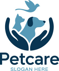 Obraz premium Elegant pet care logo design featuring a dog cat and bird held in caring hands professional animal clinic veterinary services emblem for pet adoption charity or animal shelter modern brand identity gr