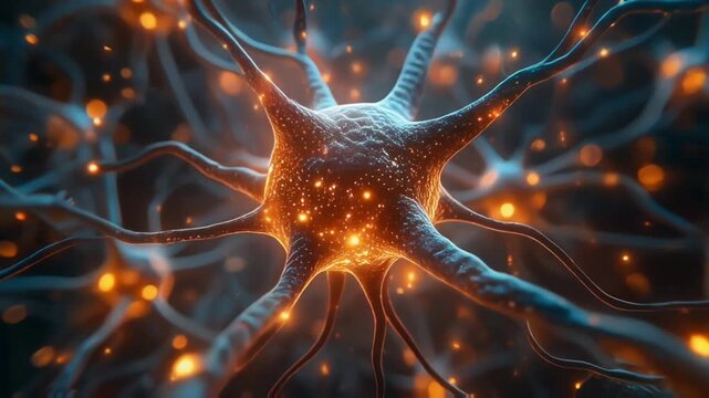 Detailed neuron synapse with glowing signals, representing brain communication, neural activity, and advanced neuroscience technology background. 