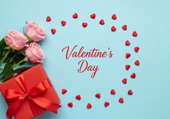 A romantic flat lay composition for valentine s day featuring a red gift box tied with a ribbon delicate pink roses and scattered red heart decorations on a soft blue background