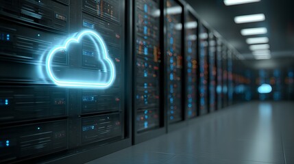 A glowing cloud icon illuminates a row of computer servers in a modern data center with blue lights and sleek design