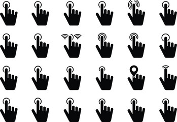 Fototapeta premium Collection of black hand cursor icons pressing or pointing on virtual interface screen for website ui design element user experience interactive technology symbol vector illustration set for digital m