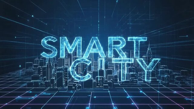 Large glowing smart city typography rising above futuristic skyline, representing intelligent urban systems, digital infrastructure, and advanced city technology background.
