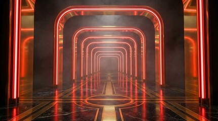 Futuristic tunnel with neon red light. Abstract architectural background with glowing frames and smoky atmosphere for science fiction concept.