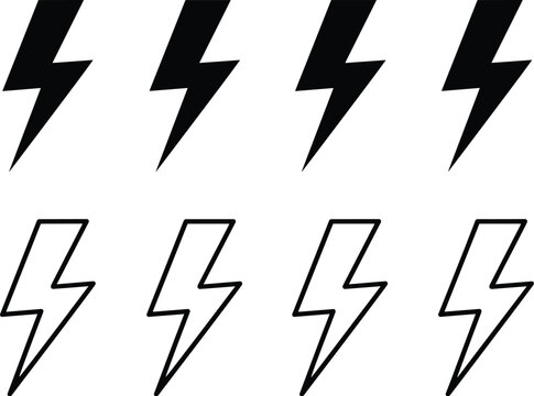 Lightning Bolt Icons Set Energy Power Vector Illustration Electric Charge Symbols Thunder Flash Graphic Design Elements Outline and Filled Black Shapes for Website Mobile App Presentation Abstract Con