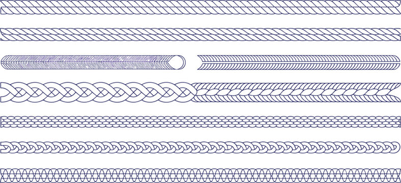 Collection of line art rope border braid elements for graphic design projects decorative nautical rope borders marine rope vector set seamless pattern vector illustration for creative projects and des